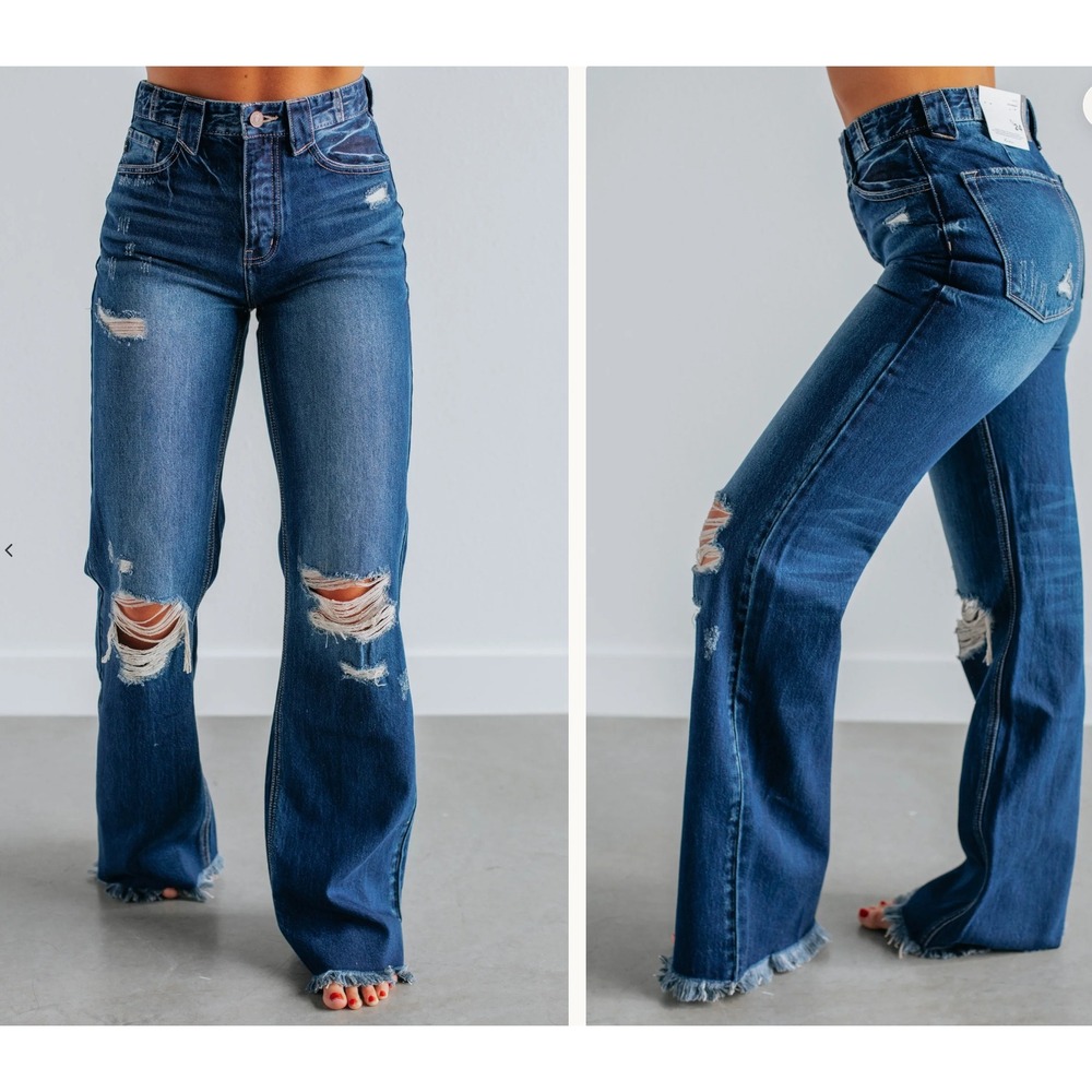 KanCan Wynn Wide Leg Jeans Size 9/28 Dark Wash Distressed Frayed Hem Button Fly